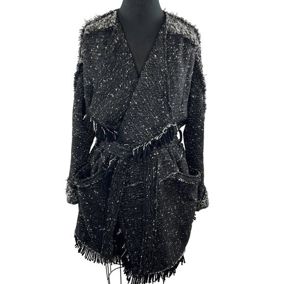 FREE PEOPLE Wool Blend Black White Tweed Fringe Belted Blanket Coat Wrap Boho M - Picture 1 of 8